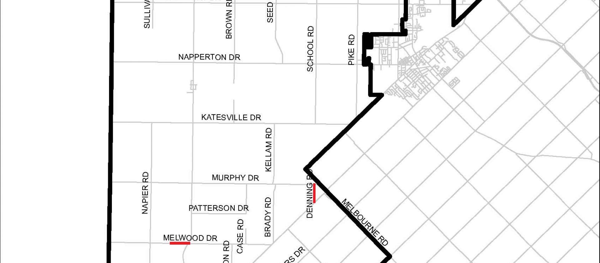 Map of construction of Melwood Drive and Denning Road